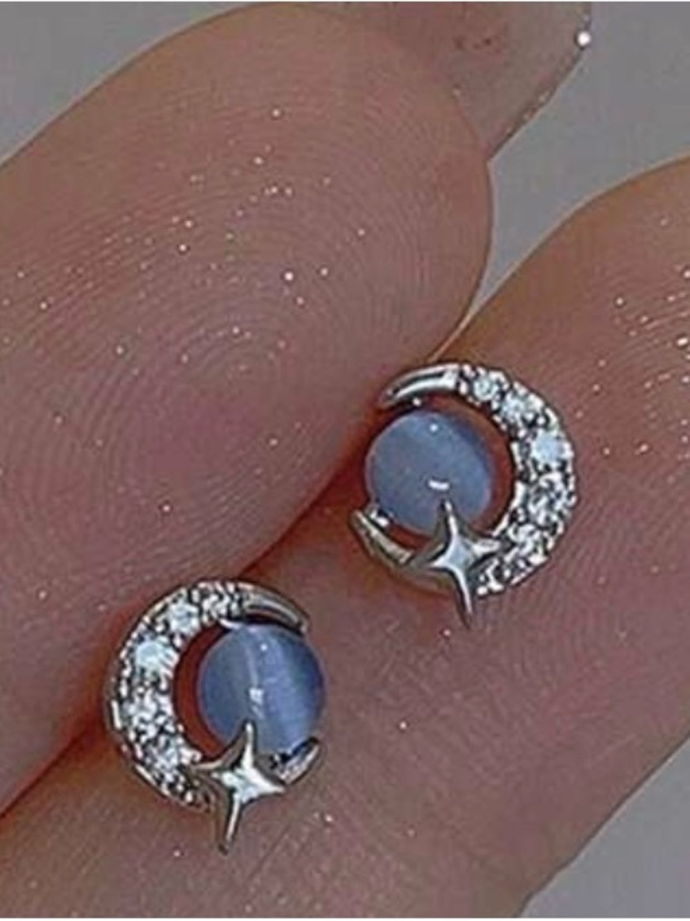 Silver Moon & Star Stud Earrings with Light Blue Cabochon - Picture 1 of 1